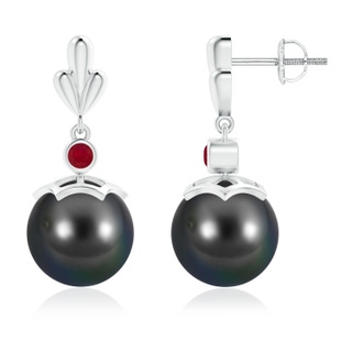 10mm AA Tahitian Cultured Pearl & Ruby Pear Motif Earrings in White Gold