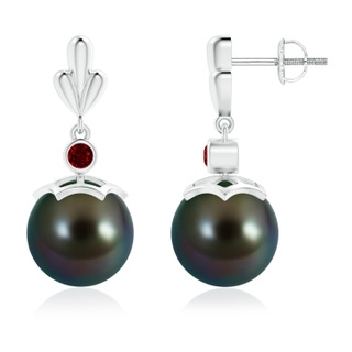 10mm AAAA Tahitian Cultured Pearl & Ruby Pear Motif Earrings in White Gold