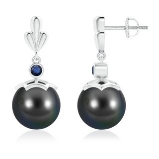 10mm AA Tahitian Cultured Pearl & Sapphire Pear Motif Earrings in White Gold