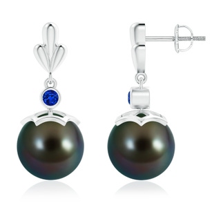 10mm AAAA Tahitian Cultured Pearl & Sapphire Pear Motif Earrings in White Gold