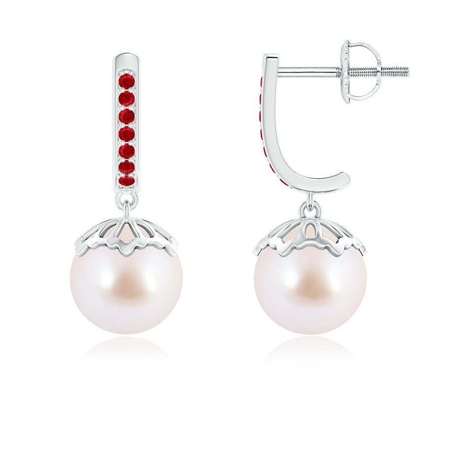 8mm AAA Classic Japanese Akoya Pearl & Ruby Dangle Earrings in White Gold 