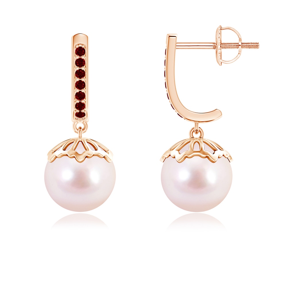 8mm AAAA Classic Japanese Akoya Pearl & Ruby Dangle Earrings in Rose Gold