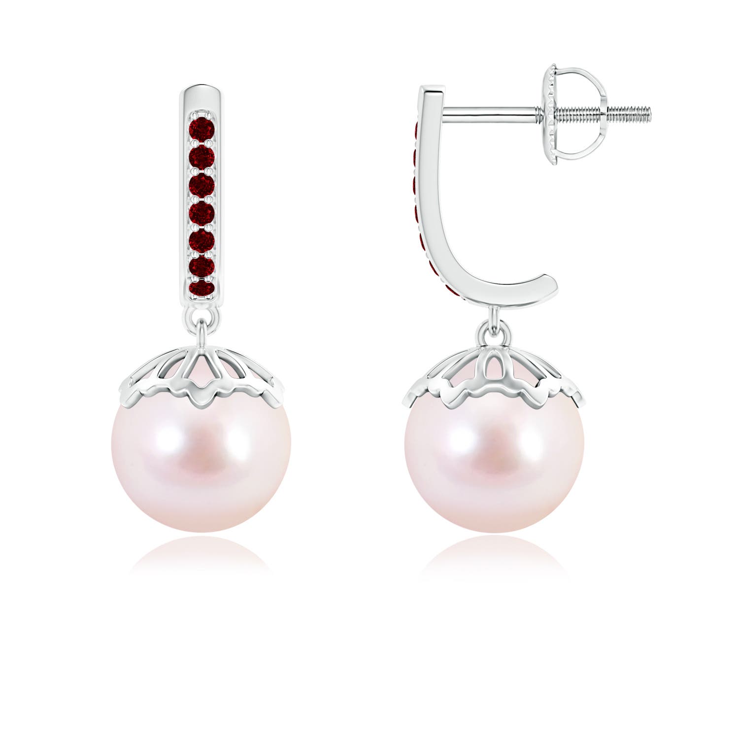 8mm AAAA Classic Japanese Akoya Pearl & Ruby Dangle Earrings in White Gold