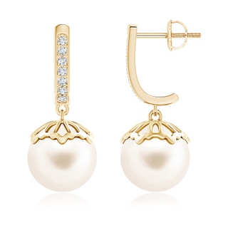 10mm AAA Classic Freshwater Cultured Pearl & Diamond Dangle Earrings in Yellow Gold