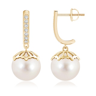 10mm AAAA Classic Freshwater Cultured Pearl & Diamond Dangle Earrings in Yellow Gold