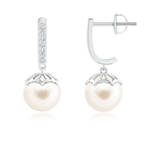 8mm AAA Classic Freshwater Cultured Pearl & Diamond Dangle Earrings in White Gold