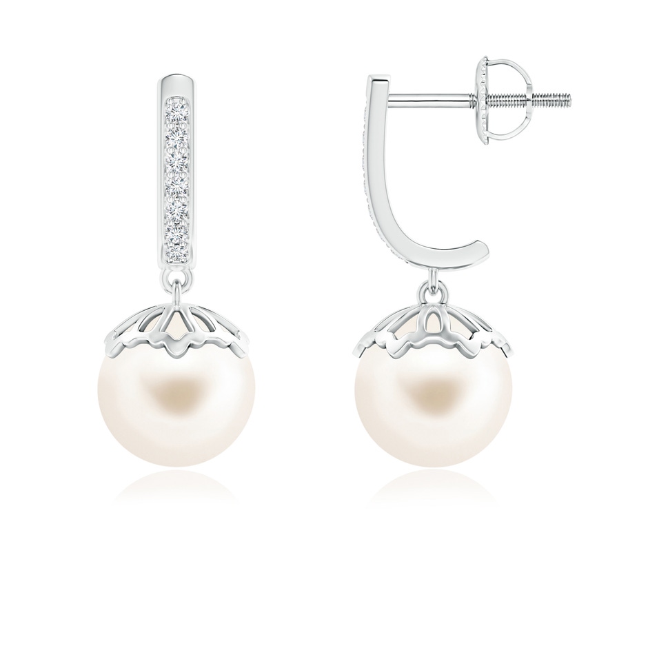 8mm AAA Classic Freshwater Cultured Pearl & Diamond Dangle Earrings in White Gold 