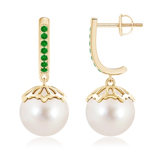 10mm AAAA Classic Freshwater Cultured Pearl & Emerald Dangle Earrings in Yellow Gold