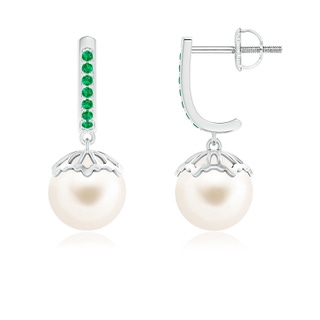 8mm AAA Classic Freshwater Cultured Pearl & Emerald Dangle Earrings in White Gold