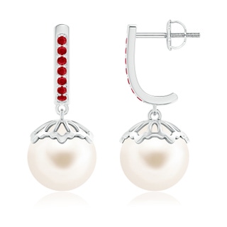 10mm AAA Classic Freshwater Pearl & Ruby Dangle Earrings in White Gold