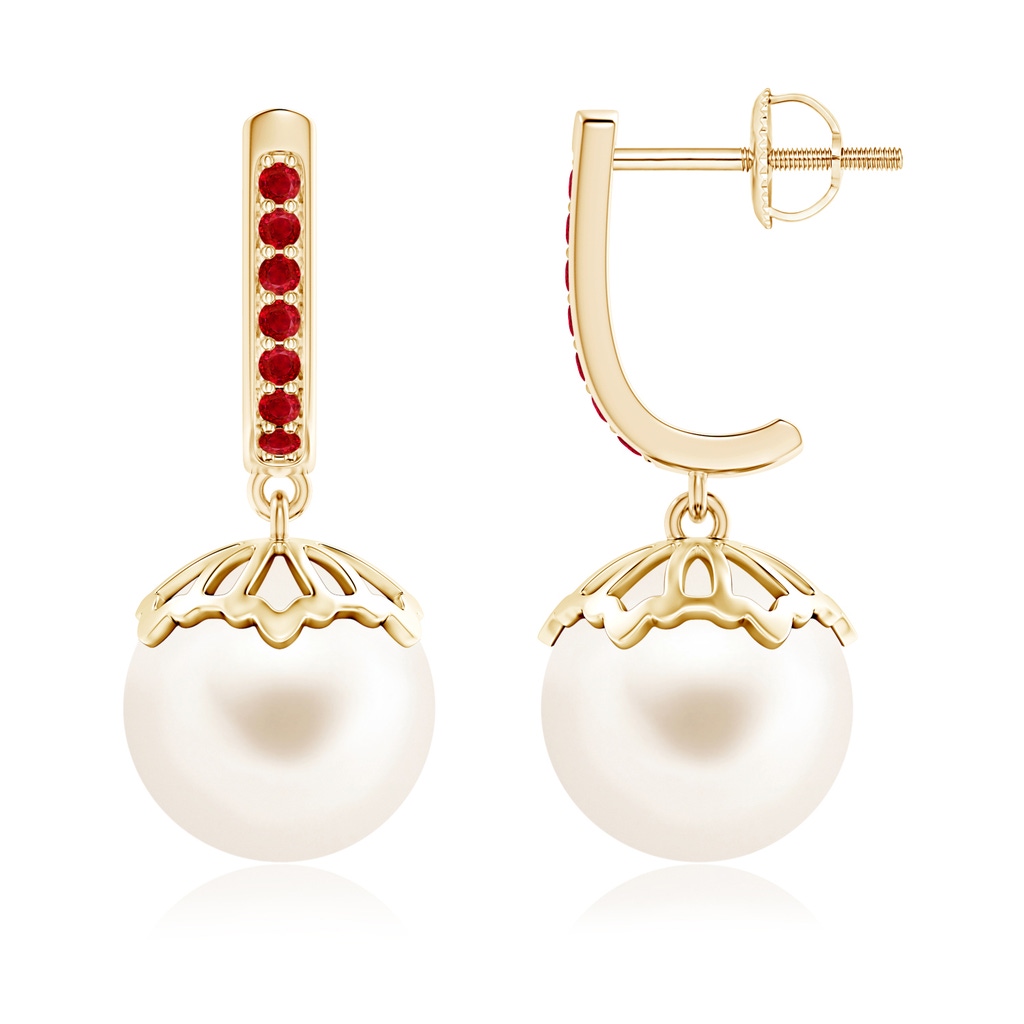 10mm AAA Classic Freshwater Pearl & Ruby Dangle Earrings in Yellow Gold