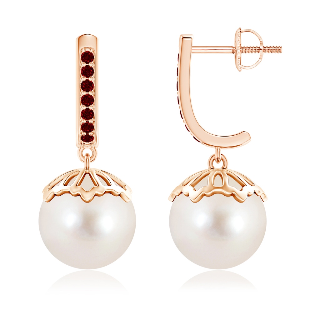 10mm AAAA Classic Freshwater Pearl & Ruby Dangle Earrings in Rose Gold