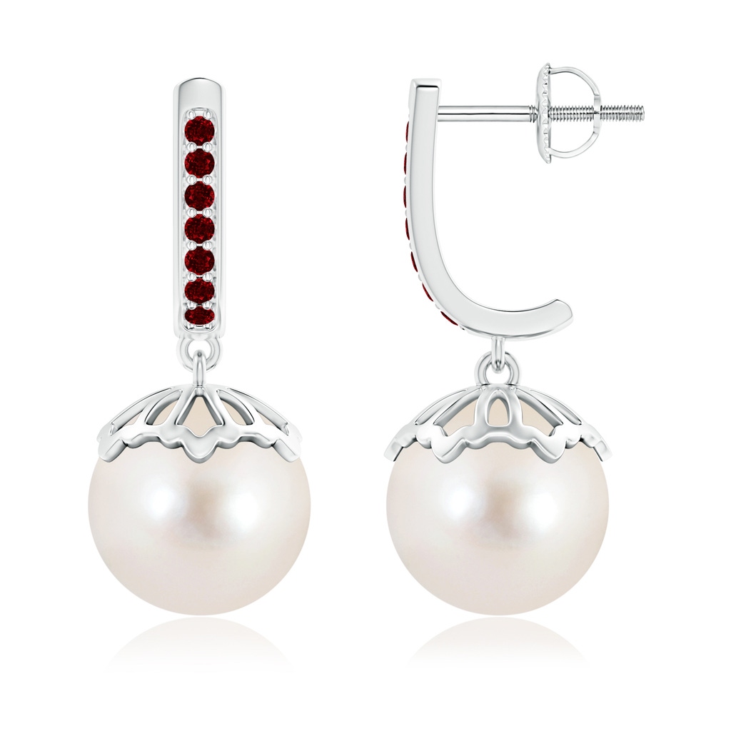 10mm AAAA Classic Freshwater Pearl & Ruby Dangle Earrings in White Gold