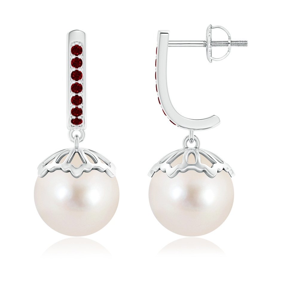 10mm AAAA Classic Freshwater Pearl & Ruby Dangle Earrings in White Gold 