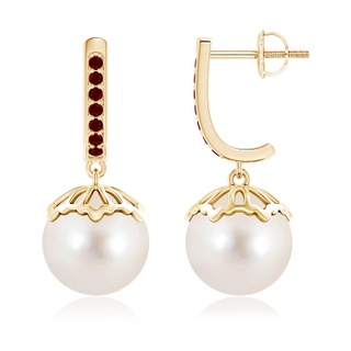 10mm AAAA Classic Freshwater Pearl & Ruby Dangle Earrings in Yellow Gold