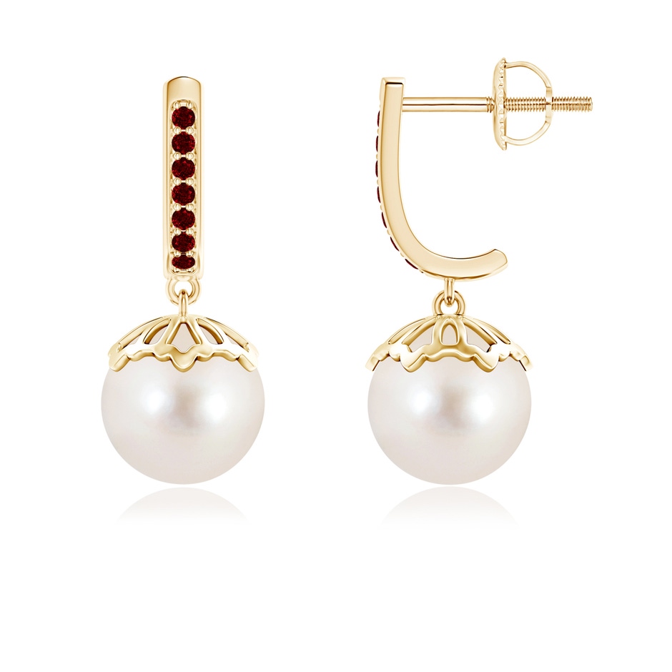8mm AAAA Classic Freshwater Pearl & Ruby Dangle Earrings in Yellow Gold 