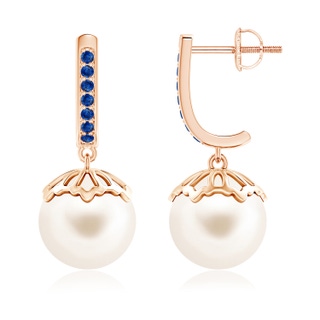 10mm AAA Classic Freshwater Cultured Pearl & Sapphire Dangle Earrings in Rose Gold