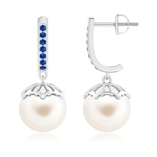 10mm AAA Classic Freshwater Cultured Pearl & Sapphire Dangle Earrings in White Gold