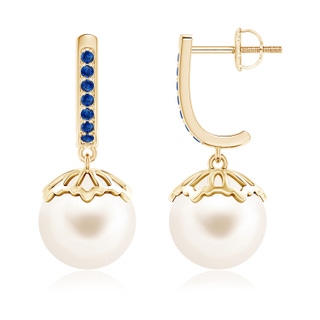 10mm AAA Classic Freshwater Cultured Pearl & Sapphire Dangle Earrings in Yellow Gold