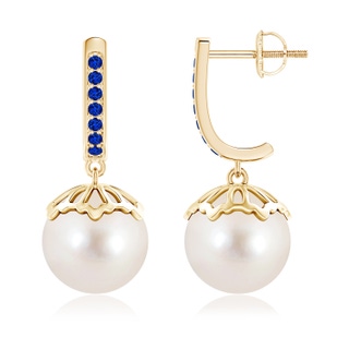 10mm AAAA Classic Freshwater Cultured Pearl & Sapphire Dangle Earrings in Yellow Gold