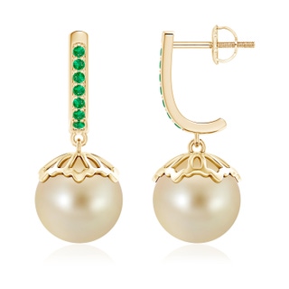 10mm AAA Classic Golden South Sea Pearl & Emerald Earrings in Yellow Gold