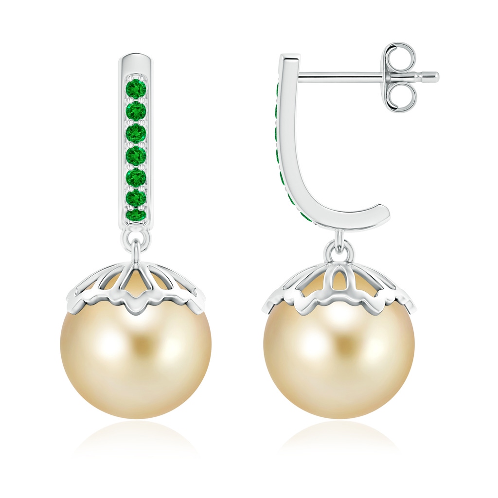 10mm AAAA Classic Golden South Sea Pearl & Emerald Earrings in S999 Silver