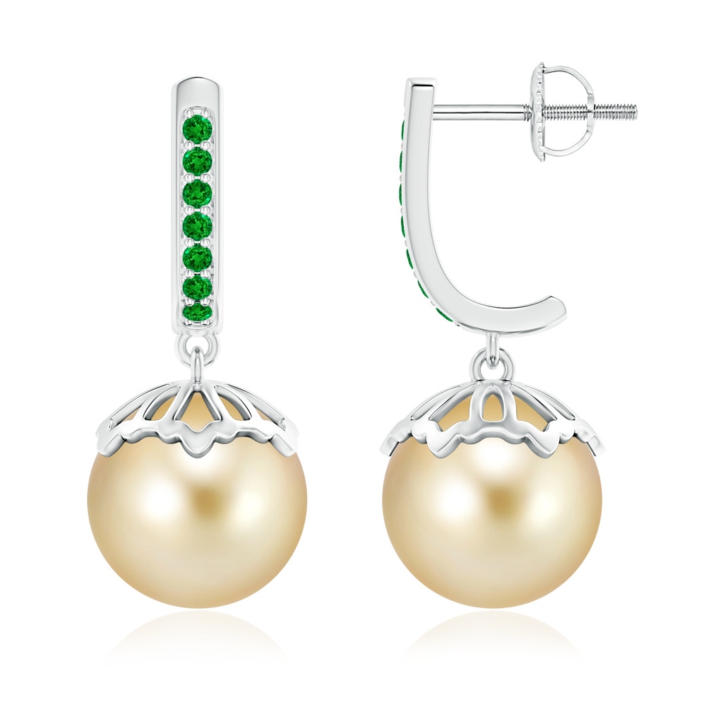 10mm AAAA Classic Golden South Sea Pearl & Emerald Earrings in White Gold