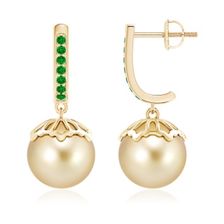 10mm AAAA Classic Golden South Sea Pearl & Emerald Earrings in Yellow Gold