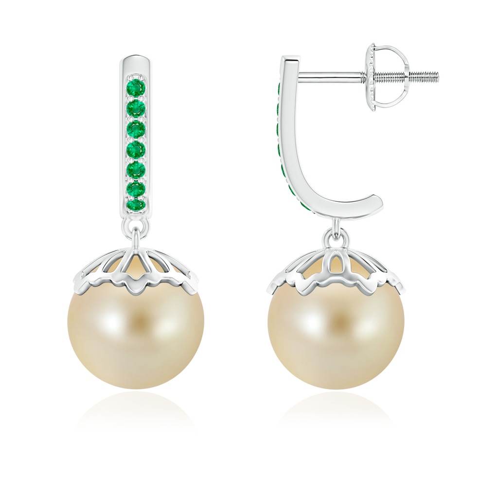 9mm AAA Classic Golden South Sea Pearl & Emerald Earrings in White Gold