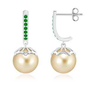 9mm AAAA Classic Golden South Sea Pearl & Emerald Earrings in S999 Silver