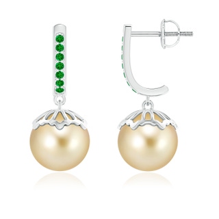9mm AAAA Classic Golden South Sea Pearl & Emerald Earrings in White Gold