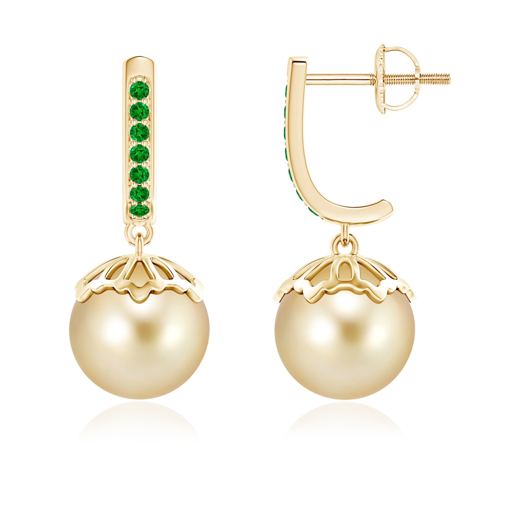 9mm AAAA Classic Golden South Sea Pearl & Emerald Earrings in Yellow Gold