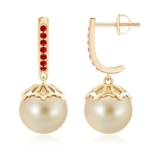 10mm AAA Classic Golden South Sea Cultured Pearl & Ruby Earrings in Yellow Gold
