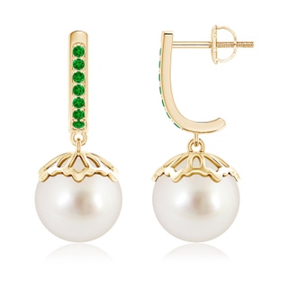 10mm AAAA Classic South Sea Cultured Pearl & Emerald Dangle Earrings in Yellow Gold