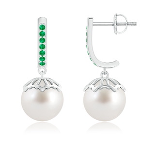 9mm AAA Classic South Sea Cultured Pearl & Emerald Dangle Earrings in White Gold