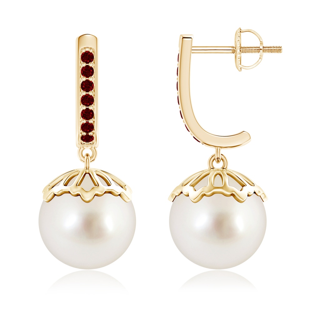 10mm AAAA Classic South Sea Cultured Pearl & Ruby Dangle Earrings in Yellow Gold