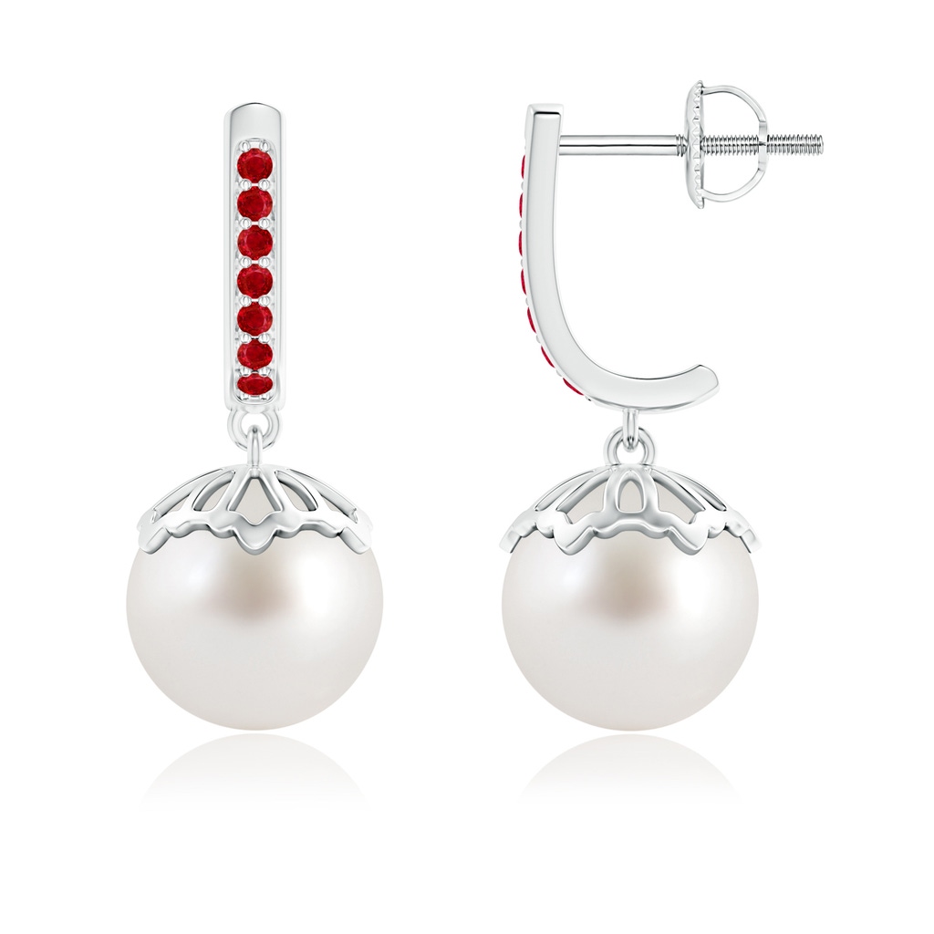 9mm AAA Classic South Sea Cultured Pearl & Ruby Dangle Earrings in White Gold