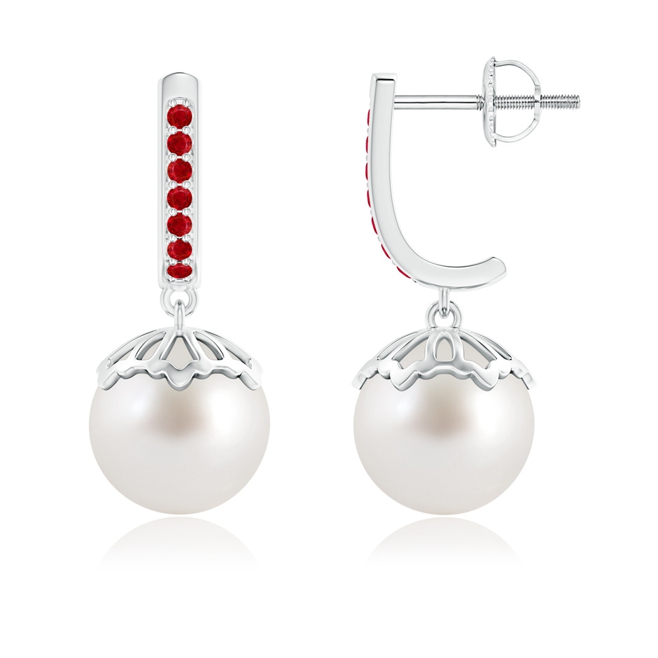 9mm AAA Classic South Sea Cultured Pearl & Ruby Dangle Earrings in White Gold 