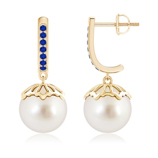 10mm AAAA Classic South Sea Cultured Pearl & Sapphire Dangle Earrings in Yellow Gold