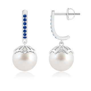 9mm AAA Classic South Sea Cultured Pearl & Sapphire Dangle Earrings in White Gold