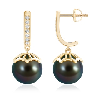 10mm AAAA Classic Tahitian Cultured Pearl & Diamond Dangle Earrings in Yellow Gold