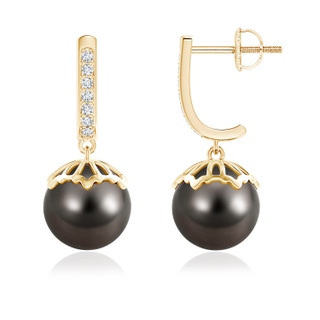 9mm AAA Classic Tahitian Cultured Pearl & Diamond Dangle Earrings in Yellow Gold