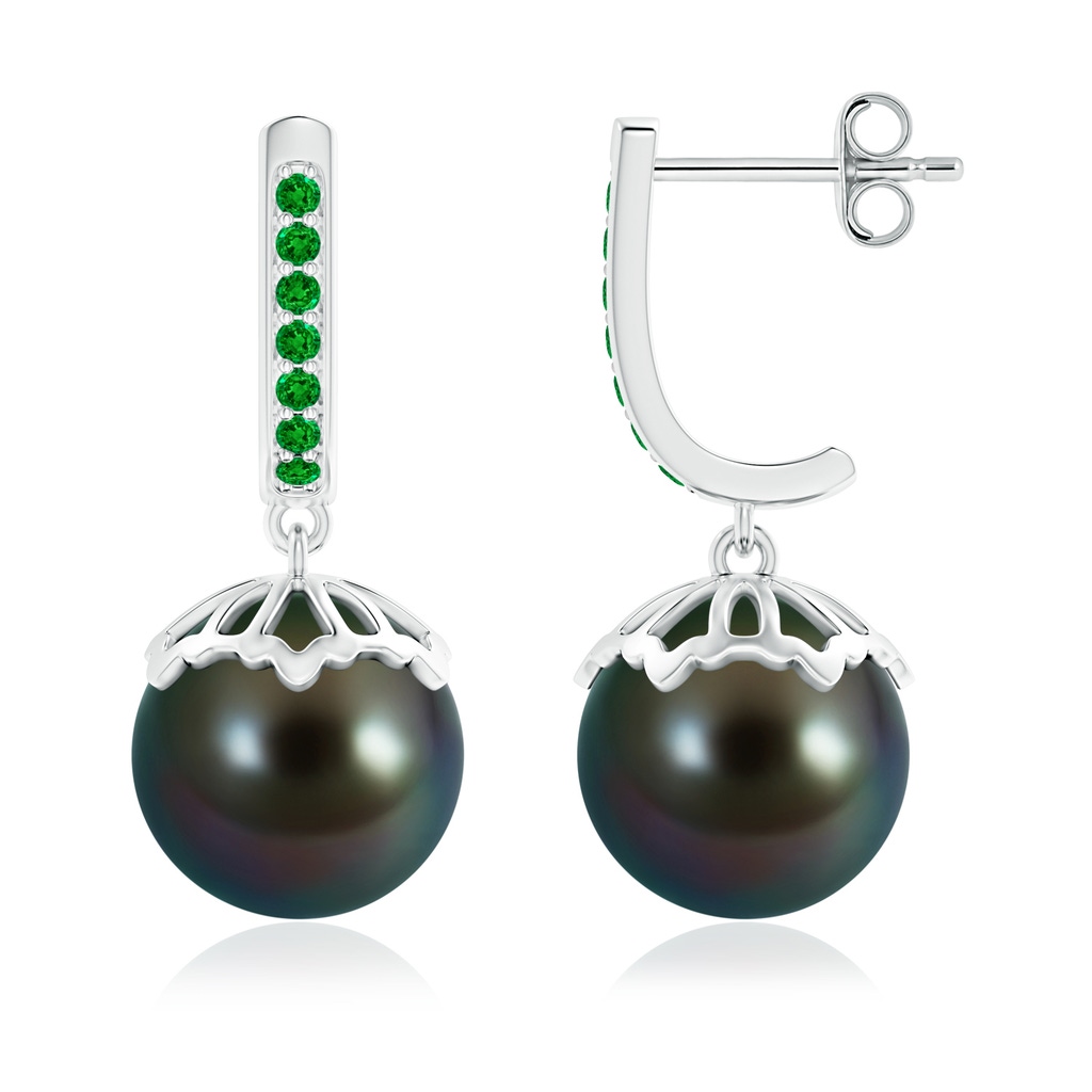 10mm AAAA Classic Tahitian Cultured Pearl & Emerald Dangle Earrings in S999 Silver