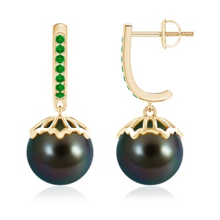 10mm AAAA Classic Tahitian Cultured Pearl & Emerald Dangle Earrings in Yellow Gold