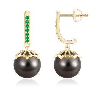 9mm AAA Classic Tahitian Cultured Pearl & Emerald Dangle Earrings in Yellow Gold