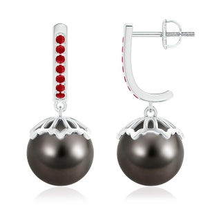 10mm AAA Classic Tahitian Cultured Pearl & Ruby Dangle Earrings in White Gold