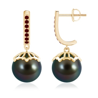 10mm AAAA Classic Tahitian Cultured Pearl & Ruby Dangle Earrings in Yellow Gold