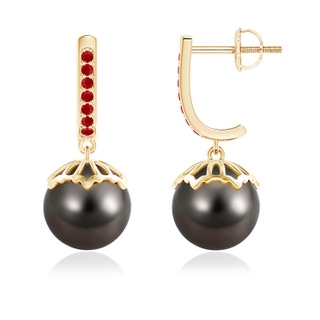 9mm AAA Classic Tahitian Cultured Pearl & Ruby Dangle Earrings in Yellow Gold