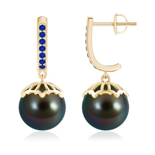 10mm AAAA Classic Tahitian Cultured Pearl & Sapphire Dangle Earrings in Yellow Gold