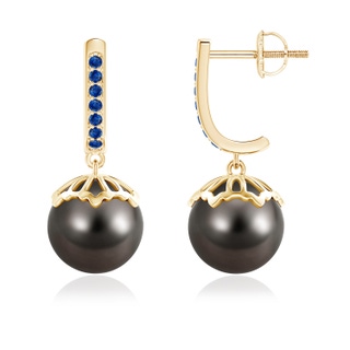 9mm AAA Classic Tahitian Cultured Pearl & Sapphire Dangle Earrings in Yellow Gold